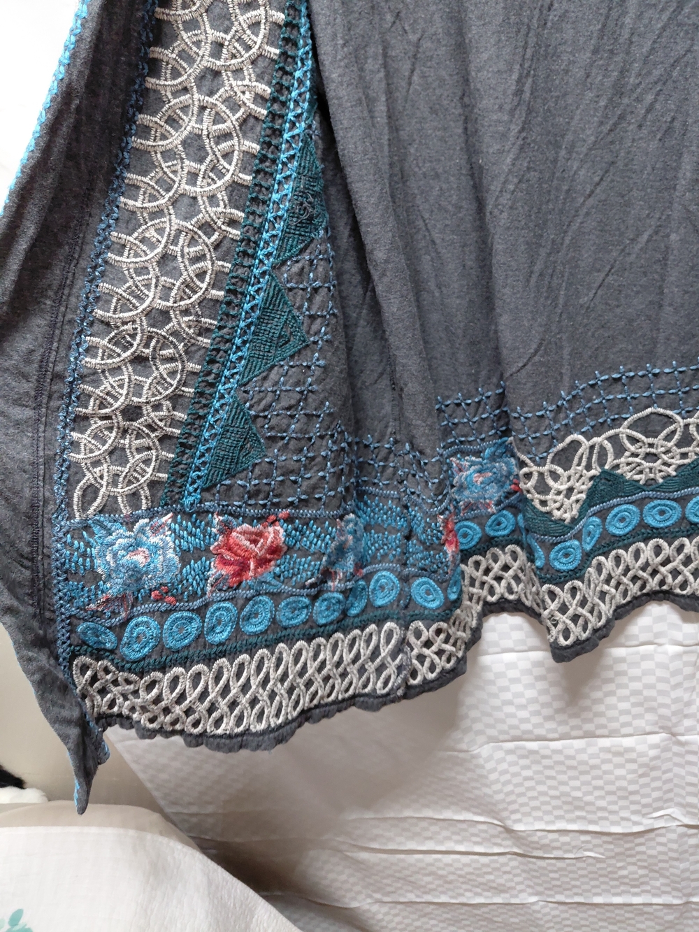 Embroidered Open Front Kimono Jacket in Charcoal & Teal #(C28) - Picture 7 of 9